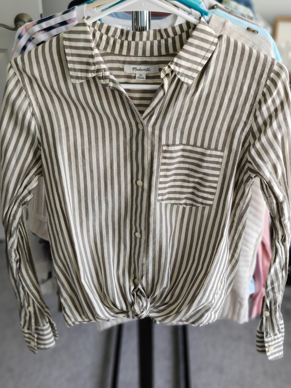Madewell Taupe & White Striped Tie-Front Button Shirt